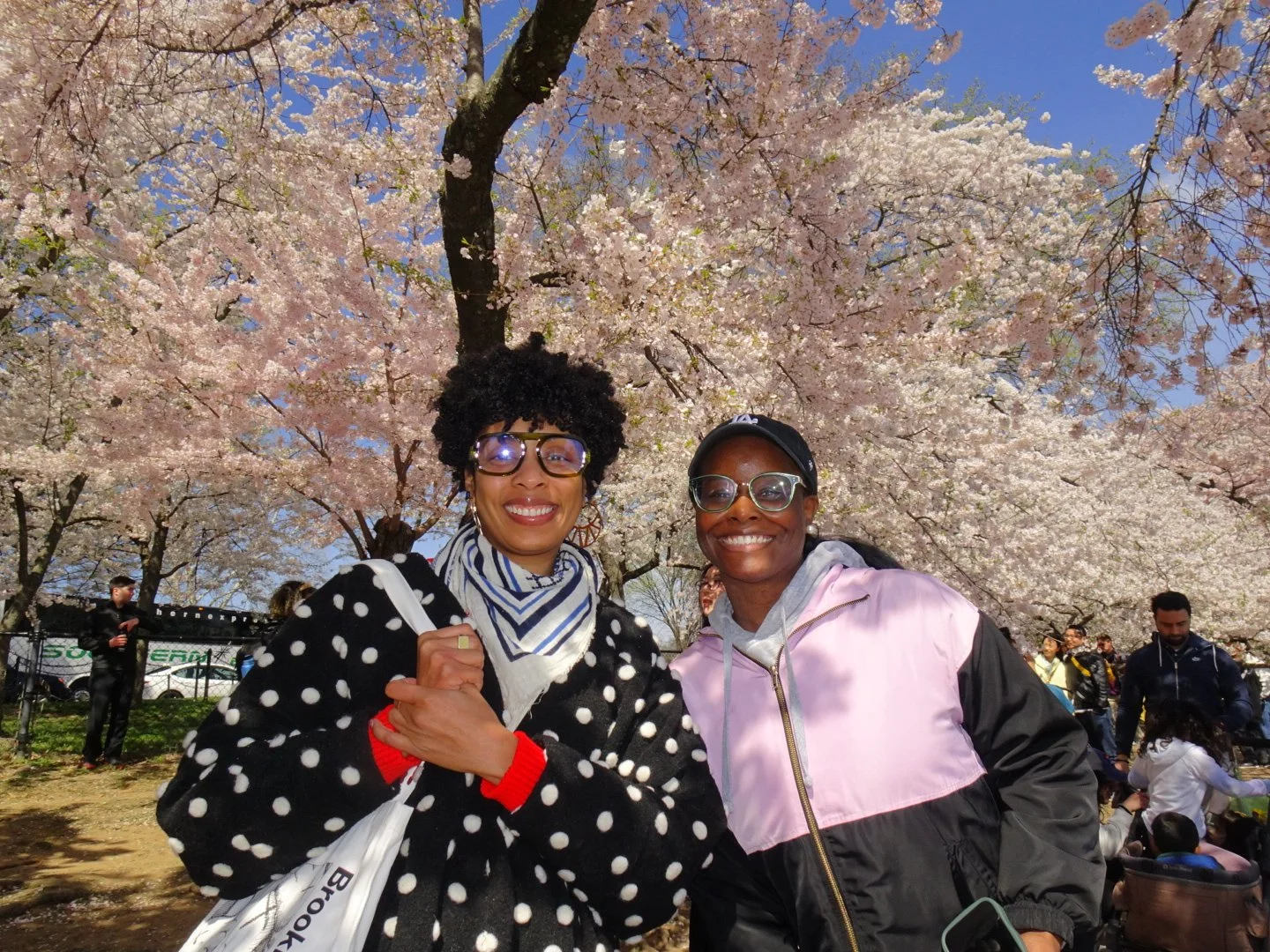 Two women standing outdoors under blooming cherry blossom trees. They are smiling, wearing glasses, and dressed warmly. One woman has curly hair and a polka dot coat; the other has straight hair and a pink jacket. Several people are visible in the ba