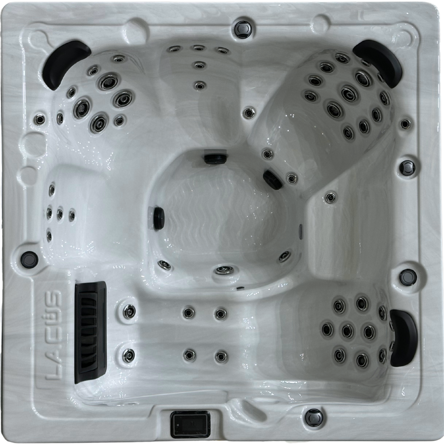 Top-down view of a white hot tub with multiple jet nozzles and black handles.