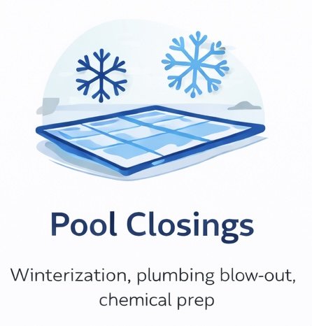 A graphic with two snowflakes above a pool cover, and text reading 'Pool Closings' with services listed as 'Winterization, plumbing blow-out, chemical prep'.