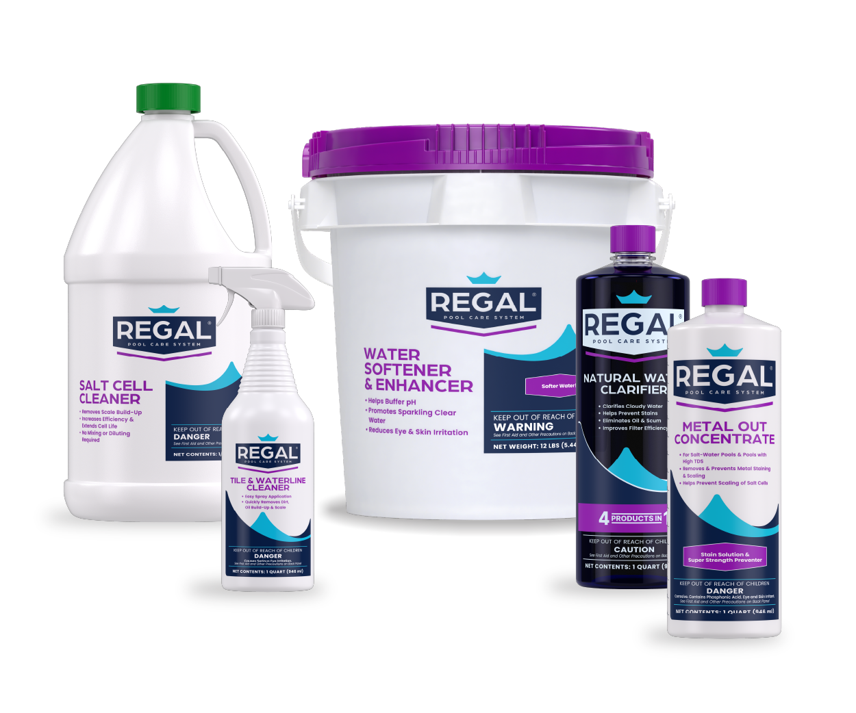 Collection of Regal pool care products including salt cell cleaner, tile and waterline cleaner, water softener and enhancer, natural water clarifier, and metal out concentrate, all with white and purple packaging.