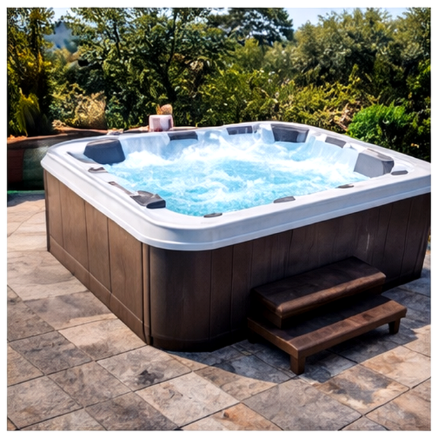 Hot tub with bubbling water on a tiled patio with surrounding greenery and trees.