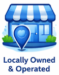 Icon of a storefront with a blue and white striped awning, a location pin, and the text 'Locally Owned & Operated' at the bottom.