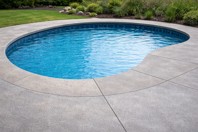 An outdoor backyard with a kidney-shaped swimming pool surrounded by a concrete deck, green grass, and landscaped plants and stones in the background.