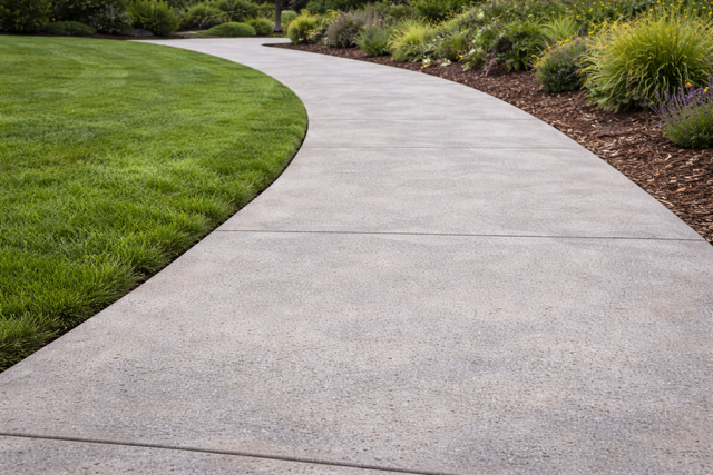 Curved concrete sidewalk next to a grassy lawn and landscaped bushes.