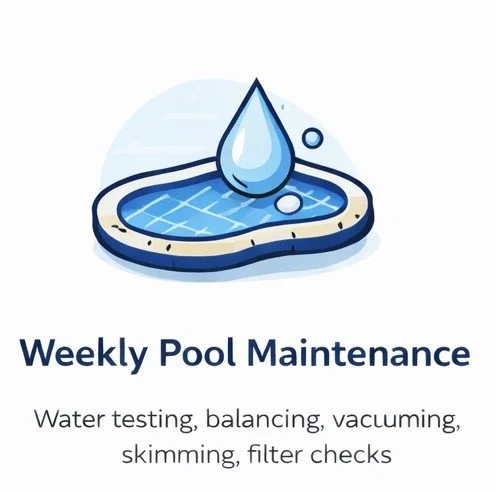 Illustration of a water droplet above a swimming pool with text about weekly pool maintenance, including water testing, balancing, vacuuming, skimming, and filter checks.
