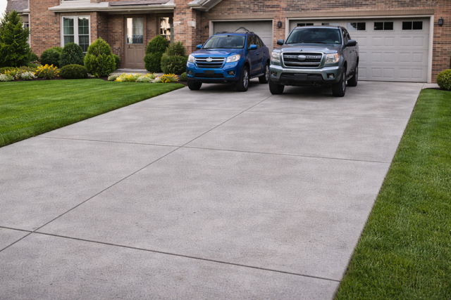 Two SUVs parked on a concrete driveway in front of a brick house with a garage.