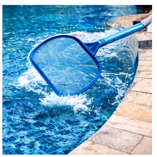A blue pool net scooping water from a swimming pool, near the pool's edge with stone tiles.
