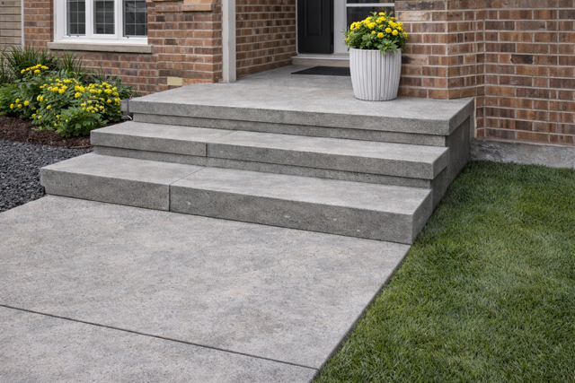 Concrete front steps leading to a brick house entrance.