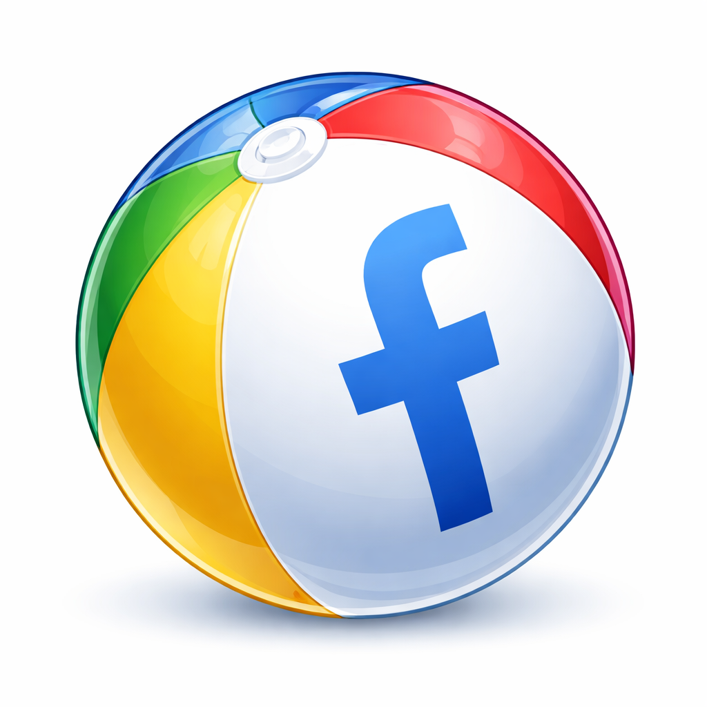 A beach ball with multicolored sections partially covered by a Facebook logo in the center.