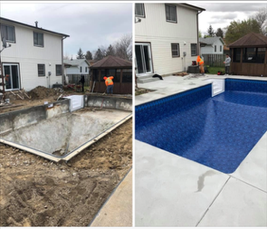 Comparison of a backyard pool construction site before and after completion; the left shows an empty, dug-out pool area with construction workers, and the right shows a finished, blue in-ground pool with a new concrete deck.