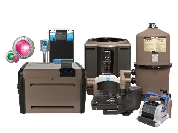 Pool or spa equipment including a filter, pump, heater, and accessories.