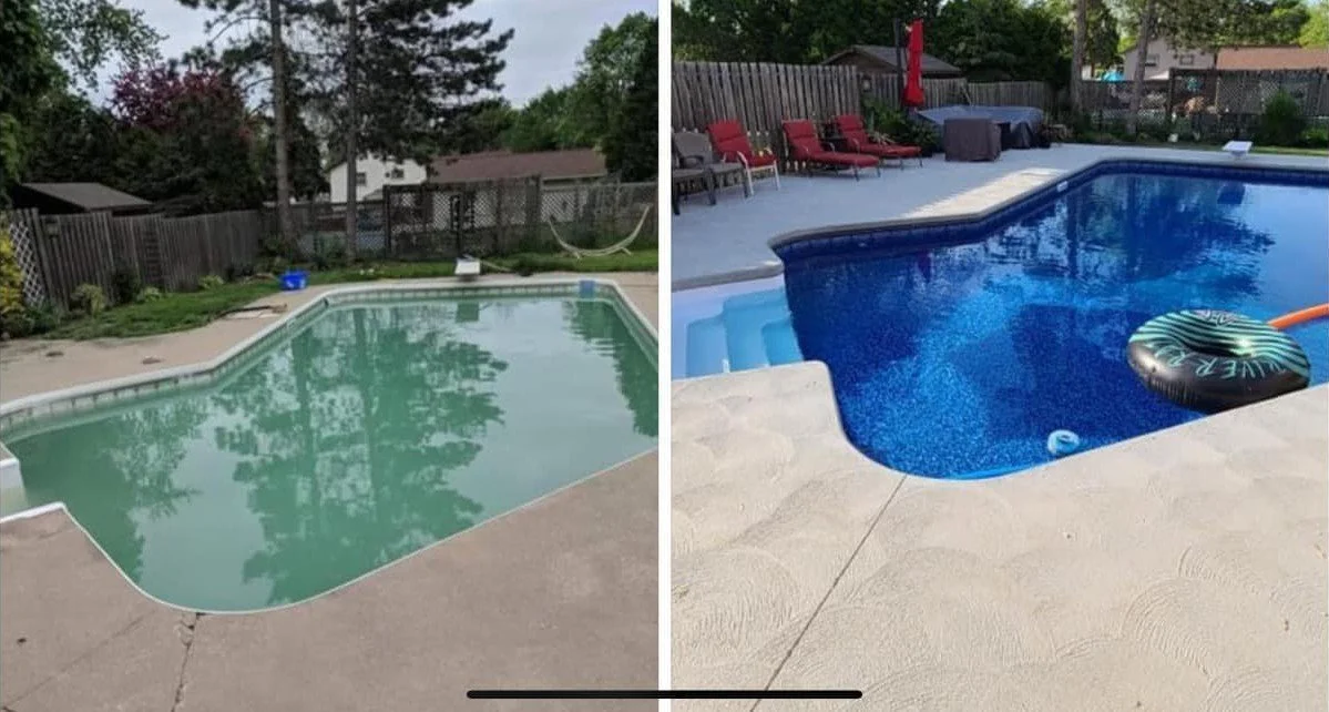 Before and after comparison of a pool renovation. The left shows an old run down pool, the right shows a newly restored inground pool.