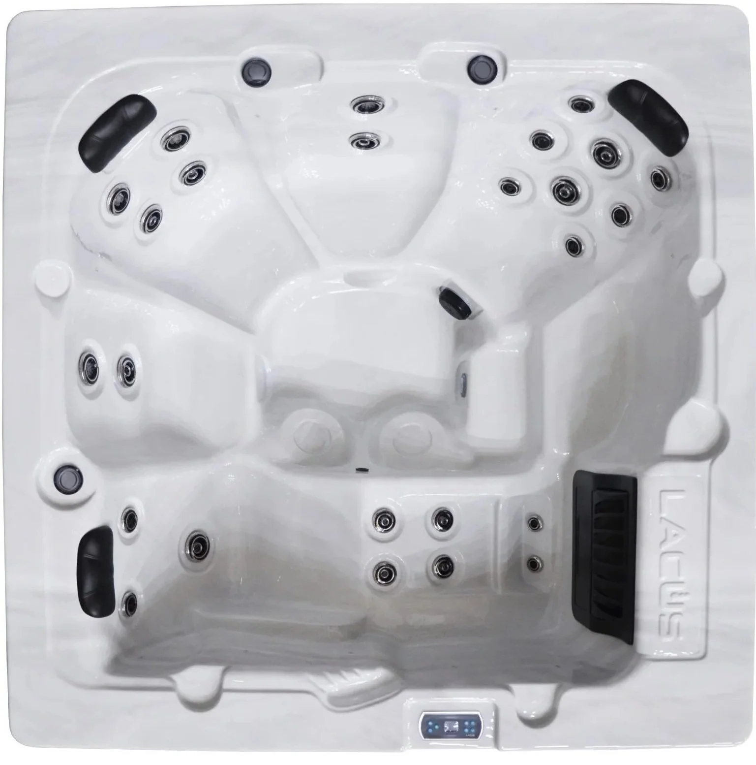 A white LACUS hot tub with multiple jets and black headrests, featuring digital control panel, designed for relaxation and hydrotherapy.