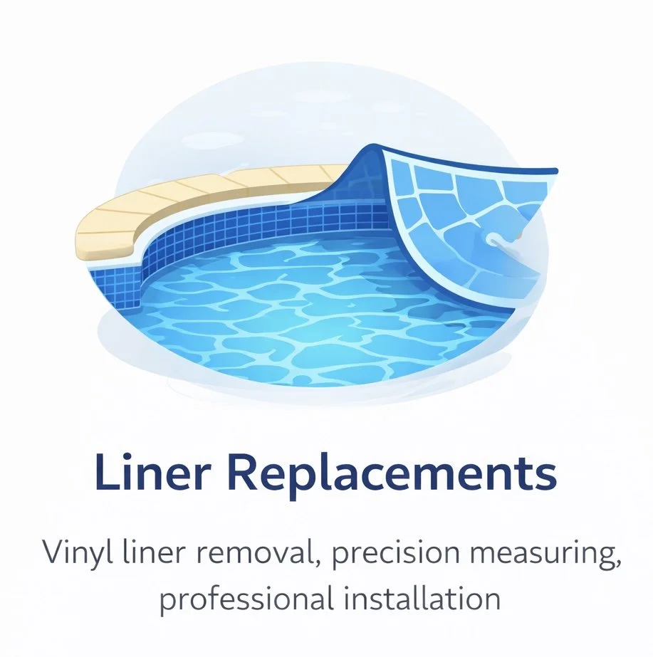 Illustration of a swimming pool with a partially removed liner, showing the blue water and the liner being peeled back. Text promoting liner replacements for pools.