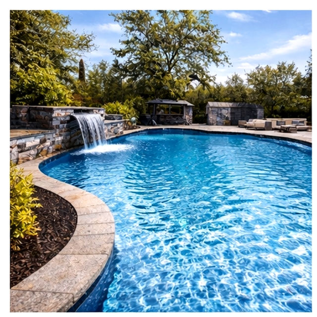 A clear blue swimming pool with a small waterfall feature, surrounded by a stone deck, outdoor seating, and trees in the background on a sunny day.