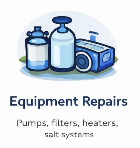 Illustration of equipment repairs including pumps, filters, heaters, and salt systems.