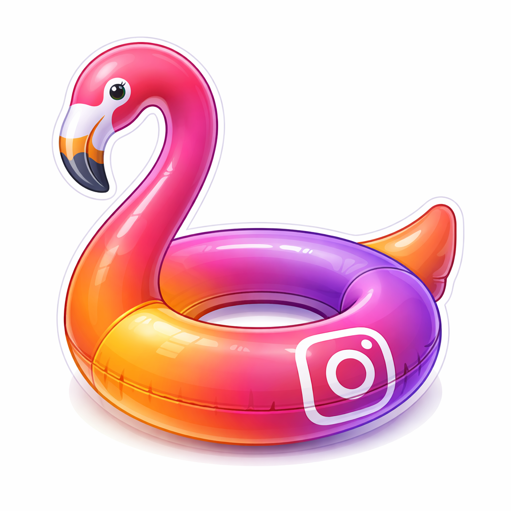 A colorful inflatable pool float shaped like a flamingo with the Instagram logo on the side.