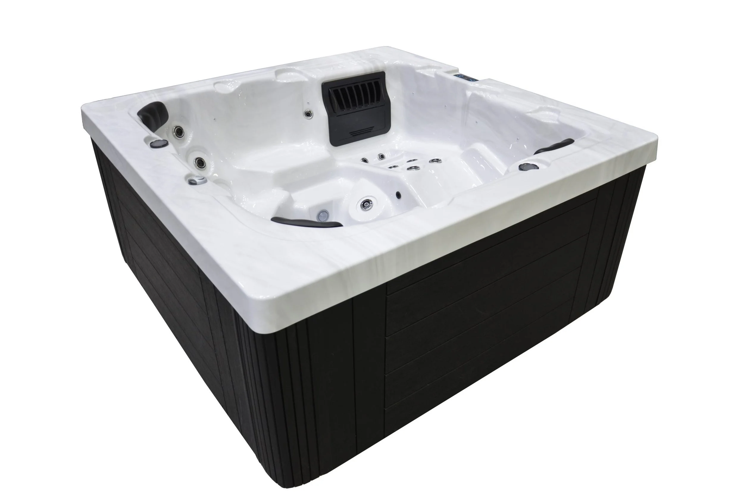 A white hot tub with black paneling, featuring multiple jets, seating areas, and a black headrest on one side.