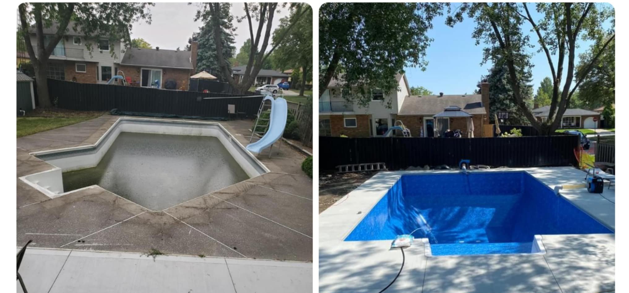 Side-by-side comparison of a backyard swimming pool before and after renovation. Left shows a dirty, empty pool with a slide, while right shows a clean, newly renovated blue pool with restored appearance.