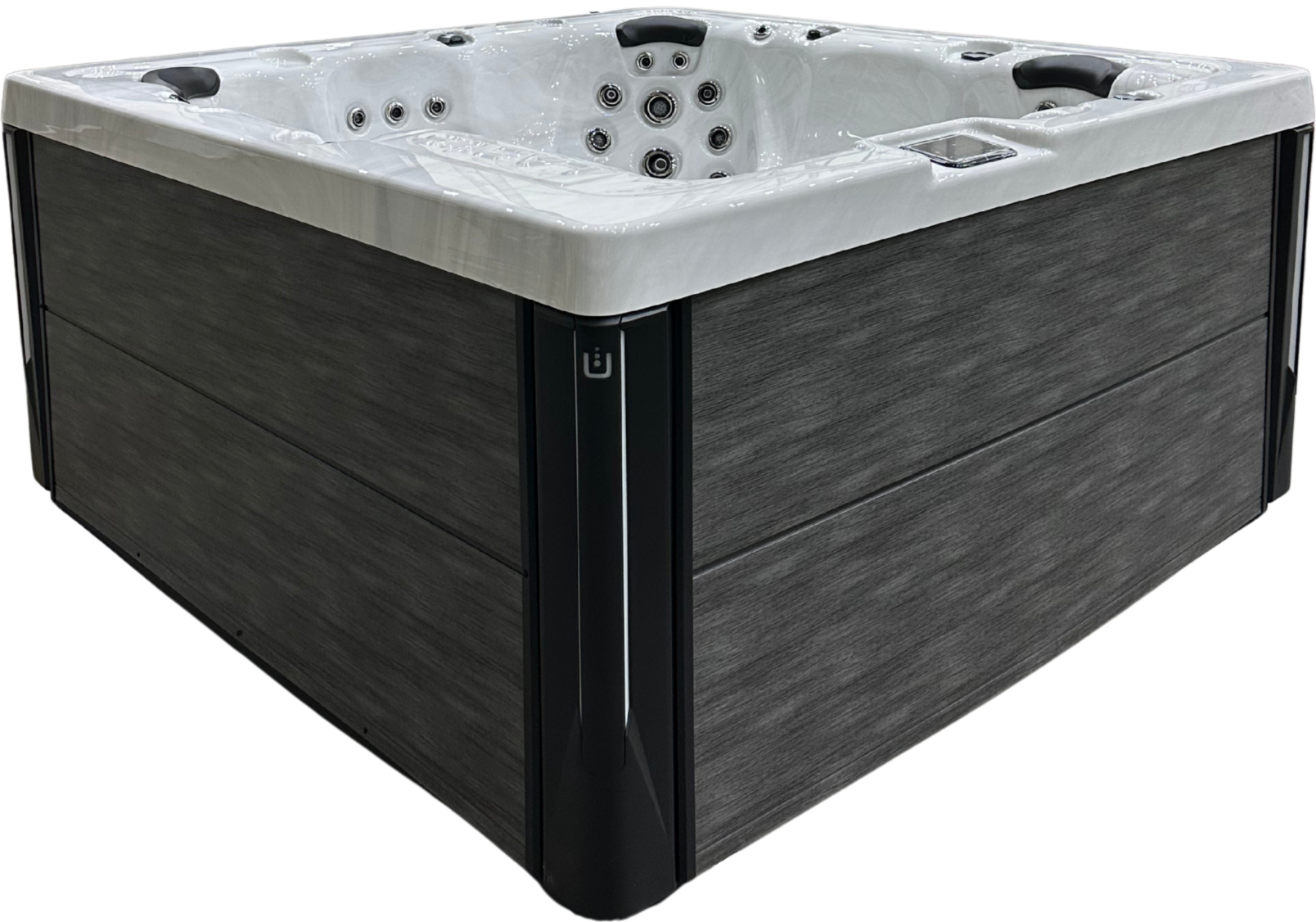 A square hot tub with black exterior panels, a white interior, multiple jets, and built-in headrests.