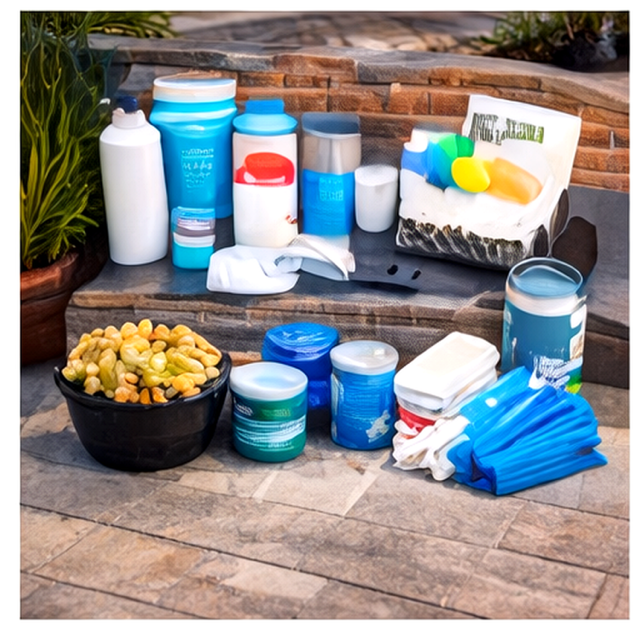 Collection of swimming pool chemicals and supplies on an outdoor stone surface.