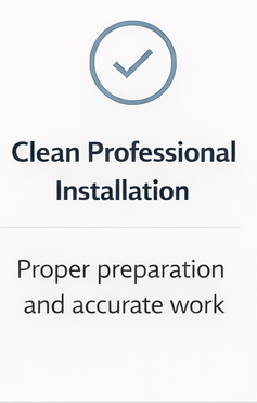 Checkmark icon with text 'Clean Professional Installation' and additional text about proper preparation and accurate work.
