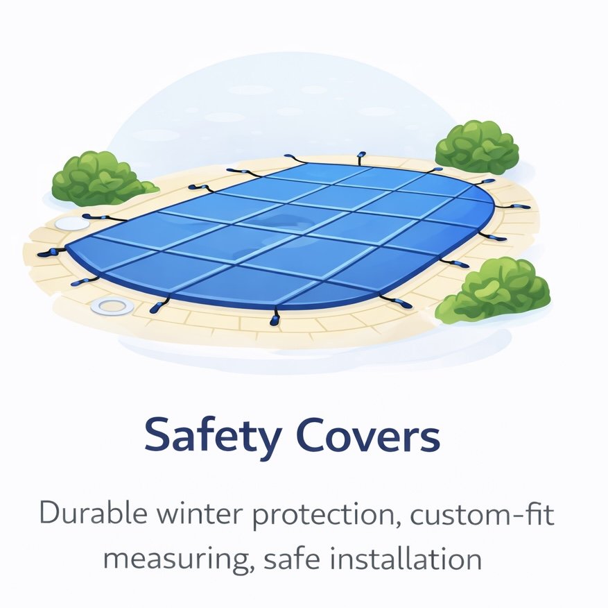 A diagram of a blue safety cover over a swimming pool, surrounded by a tiled deck and green bushes.
