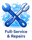 Logo with a wrench and screwdriver crossed over each other, surrounded by blue splashes, with the text 'Full-Service & Repairs' below.