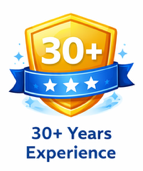 Shield emblem with '30+' in a gold banner, blue ribbon beneath stating '30+ Years Experience'