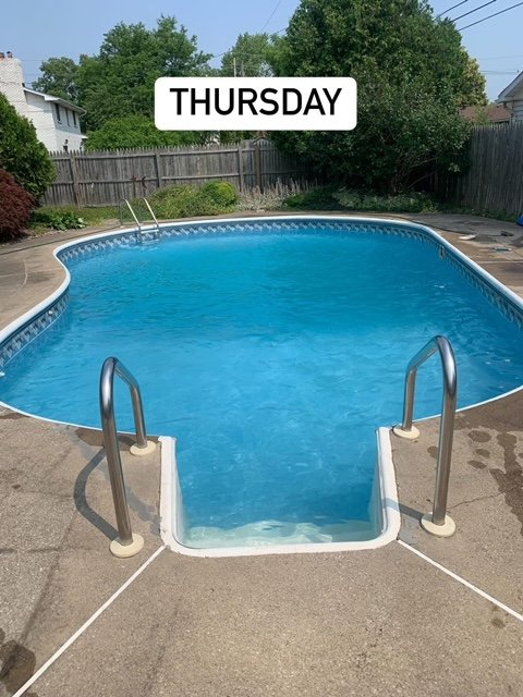 Clean backyard swimming pool after pool service cleaning, labeled 'Thursday' at the top.