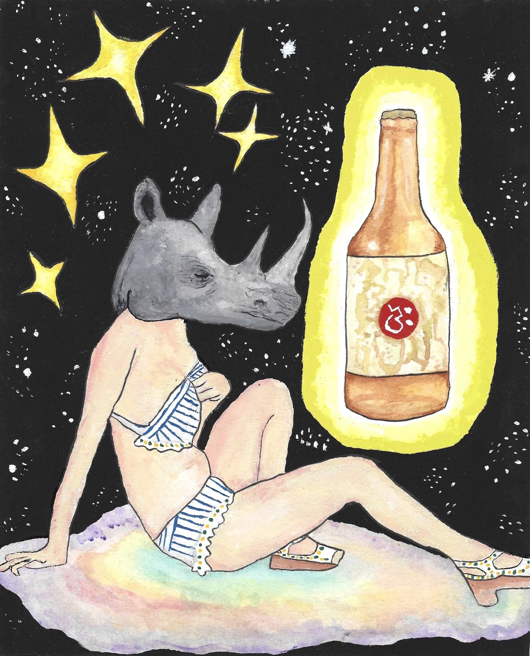 Rhino Lady Beer tm - Gouache and Ink on watercolor paper