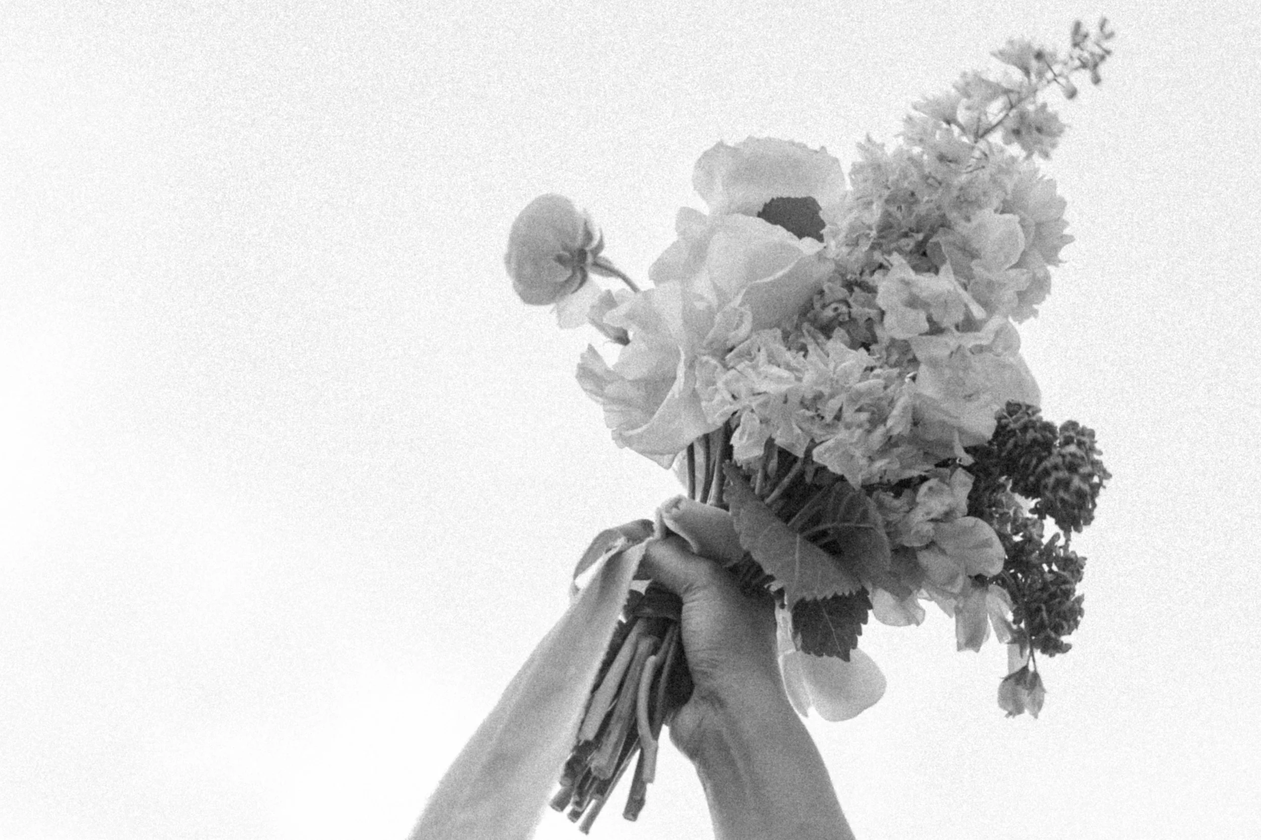Bouquet held to the sky with vintage black and white effect