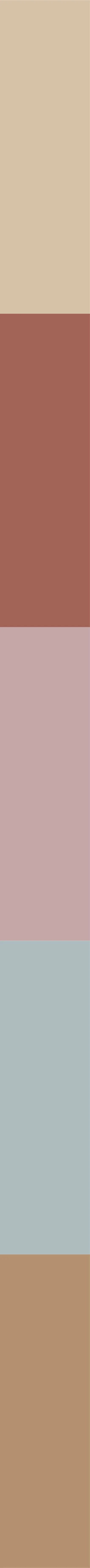 A vertical color palette with seven swatches in beige, tan, muted red, light pink, soft blue, and light brown.