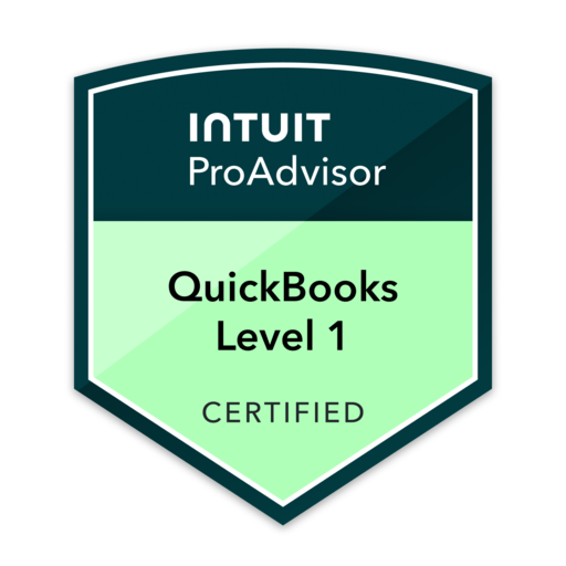 Badge for Intuit ProAdvisor, QuickBooks Level 1 Certified.