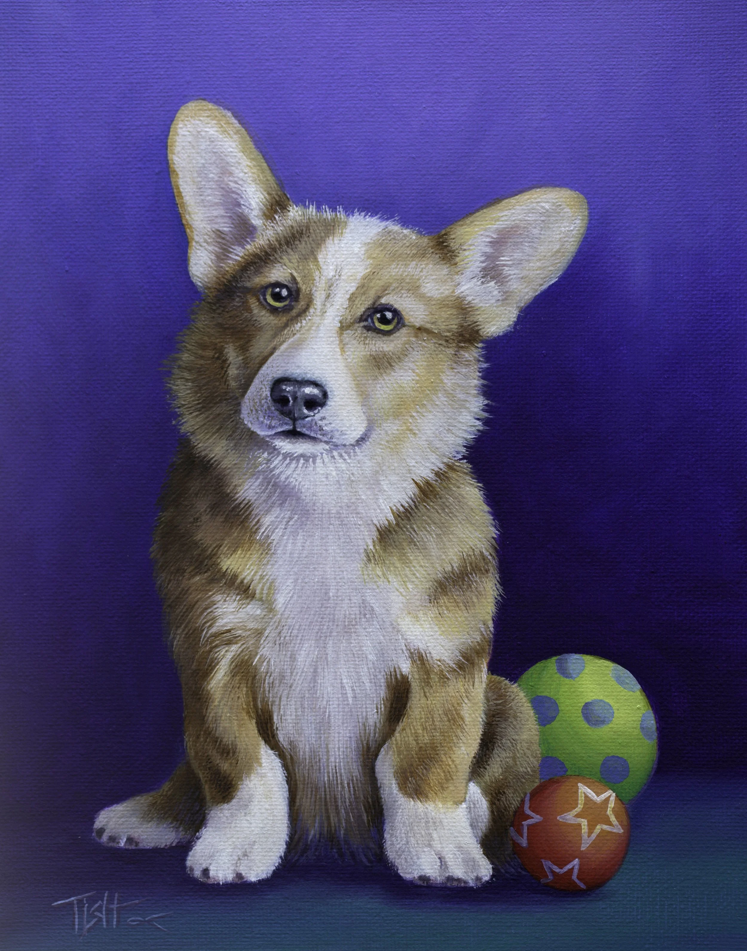 Painting of a brown and white dog with one ear up, sitting next to two colorful balls against a blue background.
