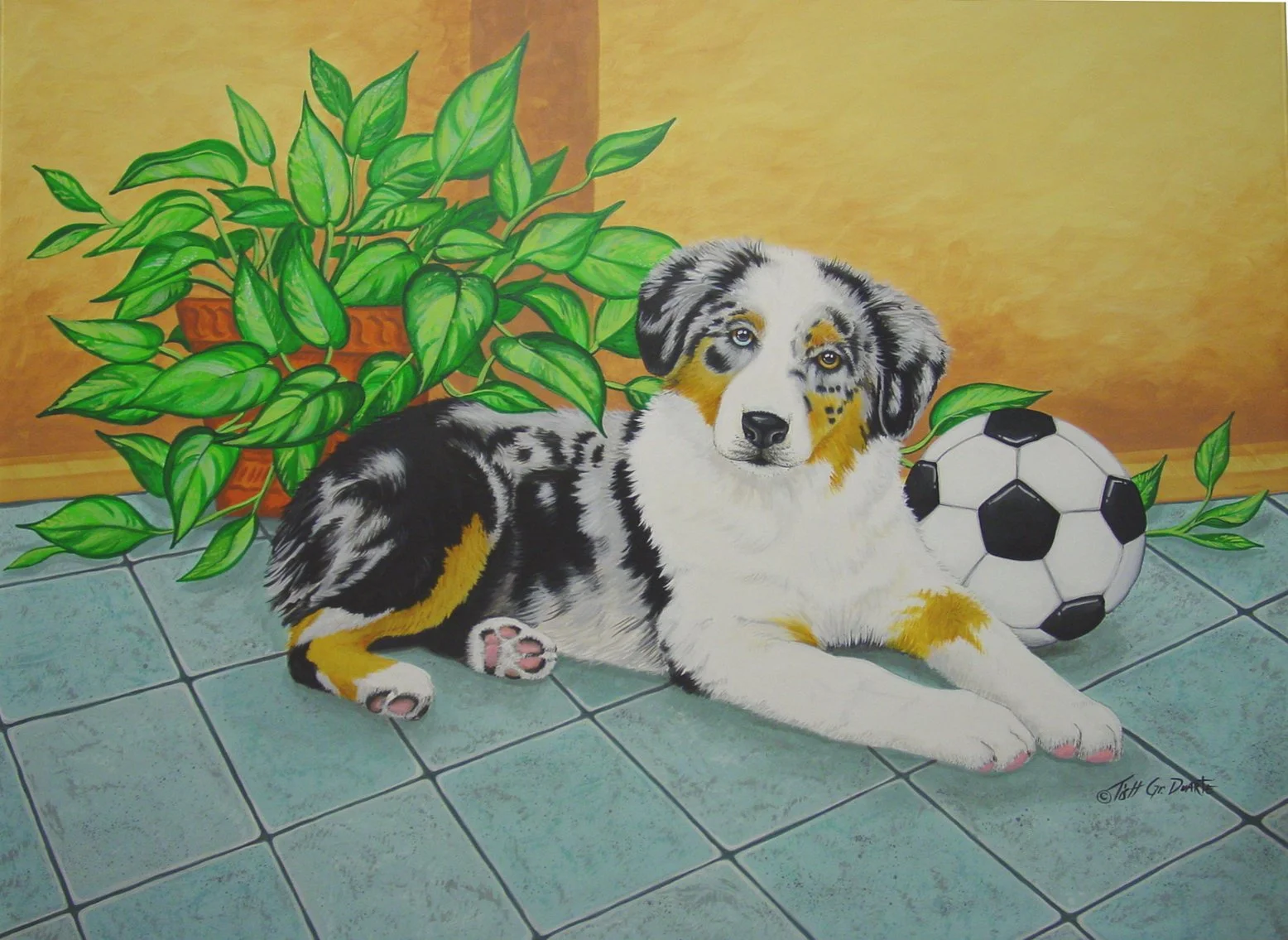 Painting of a cute Australian Shepherd puppy lying on a tiled floor next to a soccer ball, with a potted plant with large green leaves in the background.