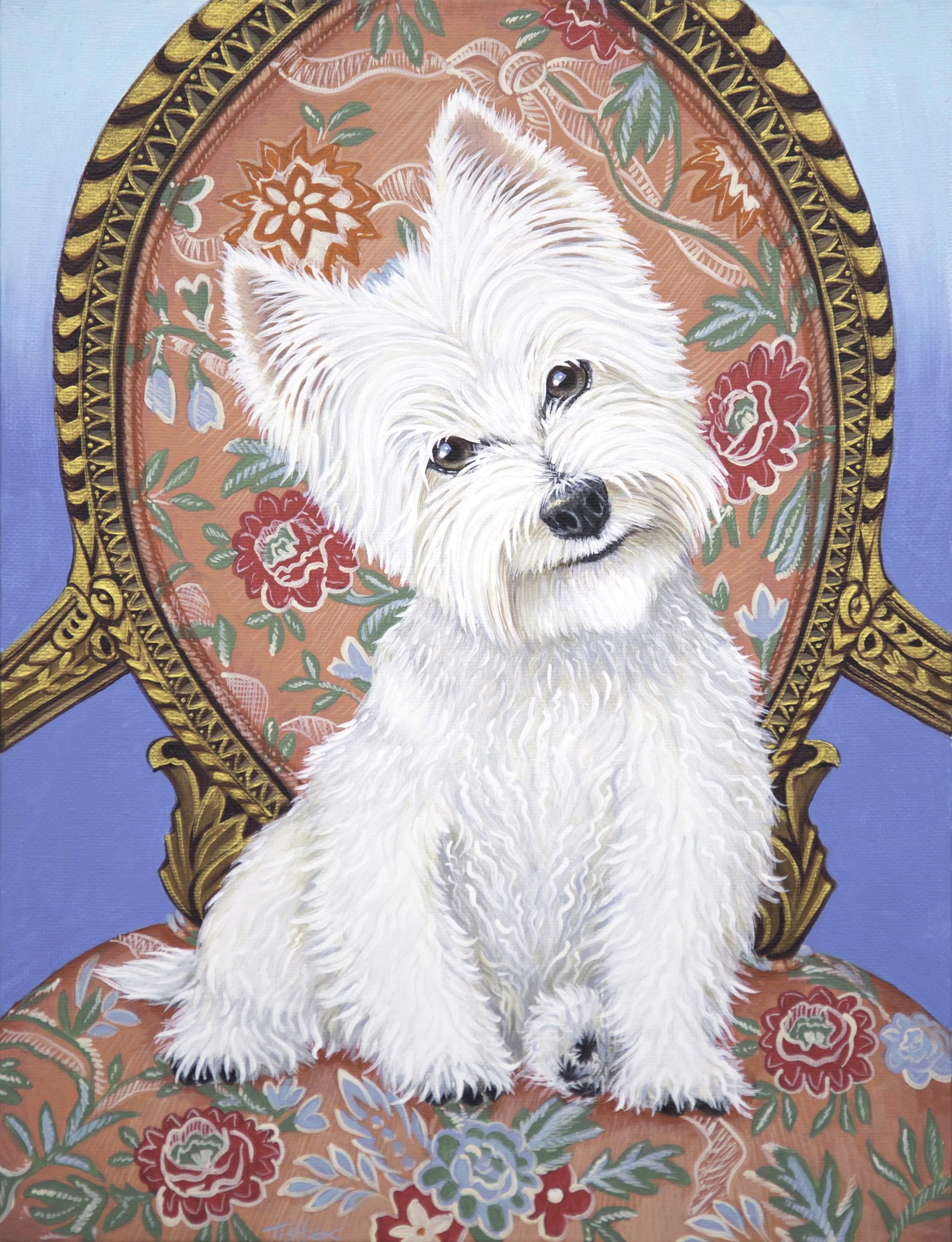 Painting of a white dog with a tilted head sitting on a floral and ornate wooden chair.