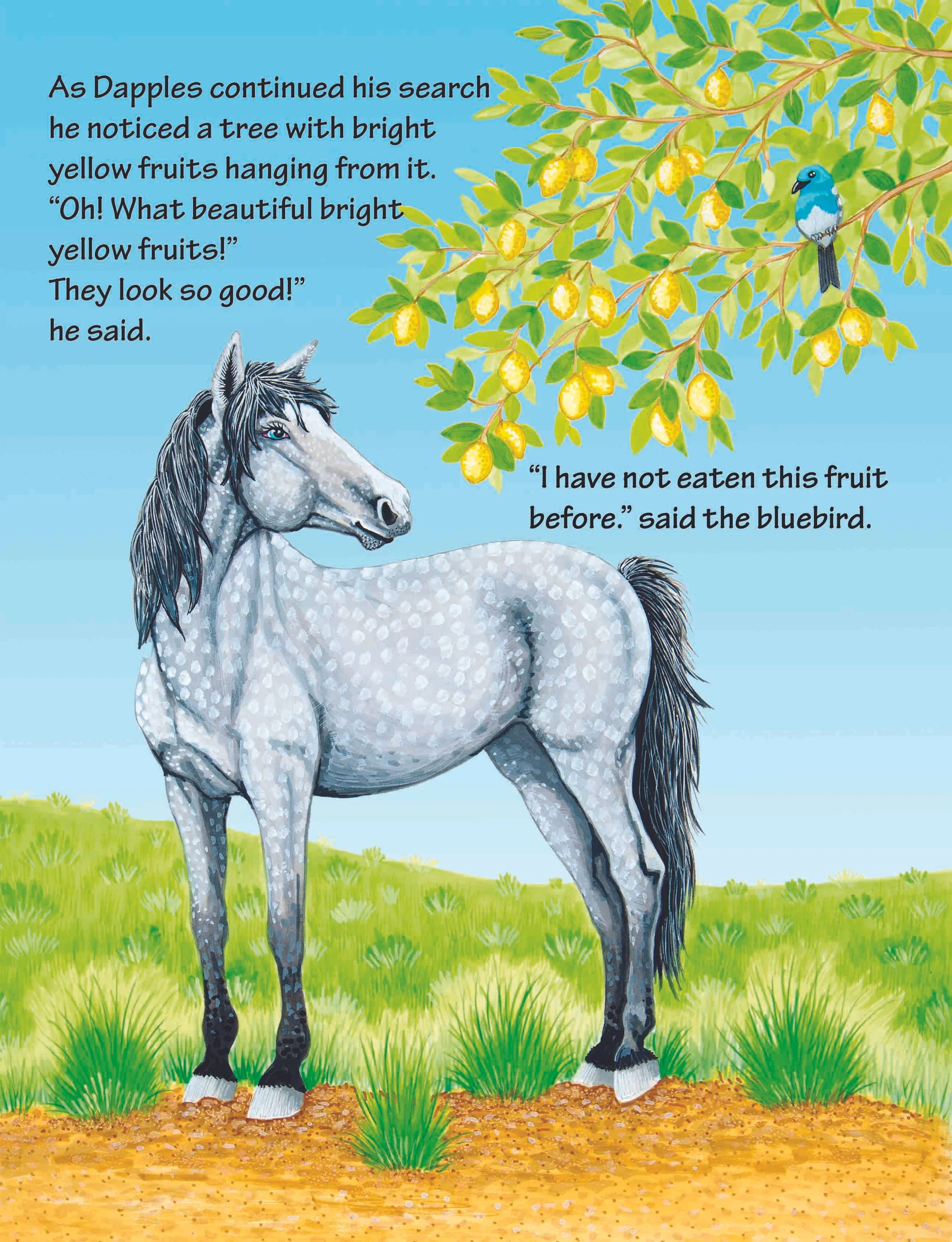 A gray dappled horse standing on grass with a yellow-flowered tree in the background. A bluebird is perched on a branch and a quote about yellow fruit accompanies the scene.