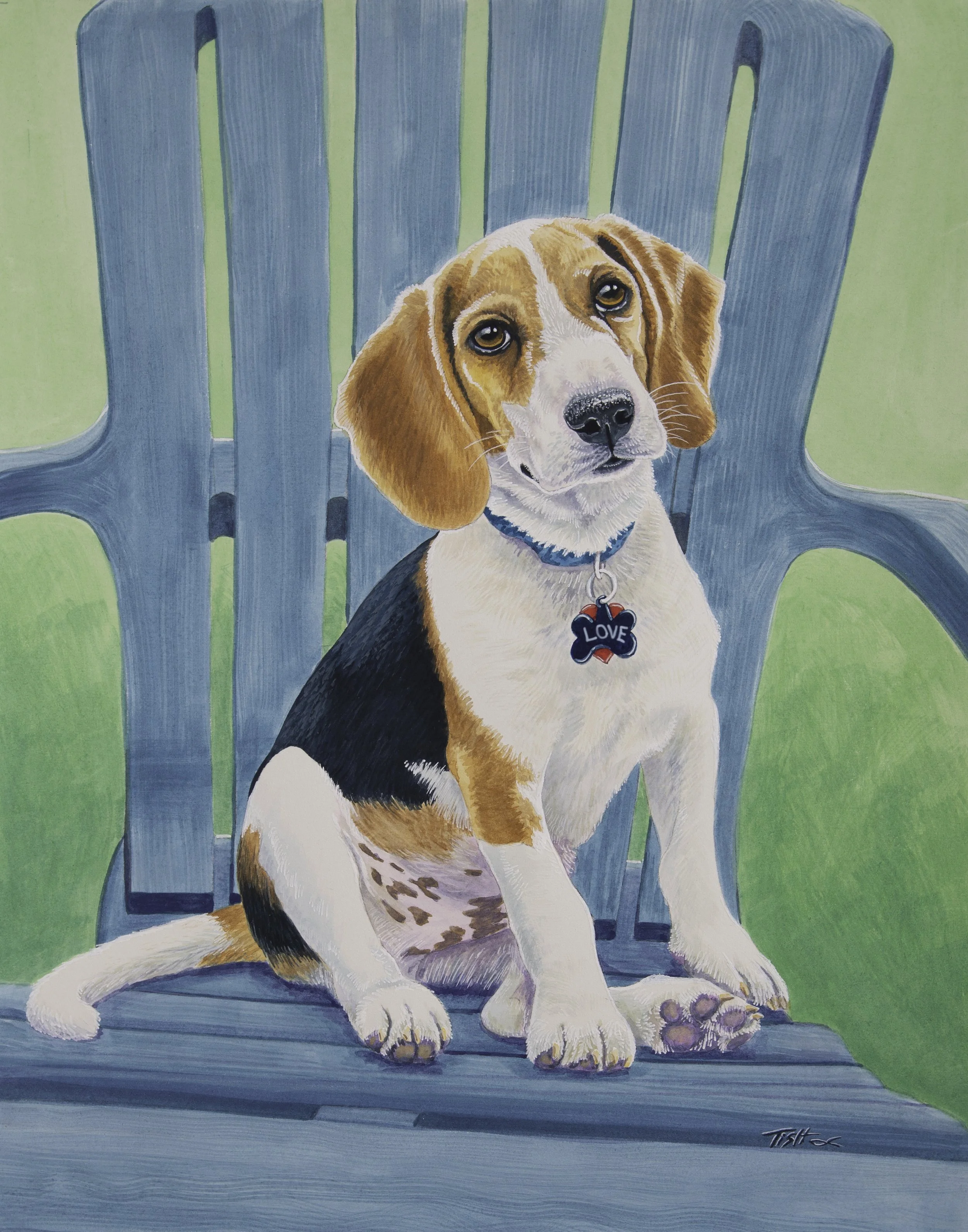 Painting of a beagle puppy sitting on a blue chair against a green background, wearing a blue collar with a bone-shaped tag labeled "LOVE."