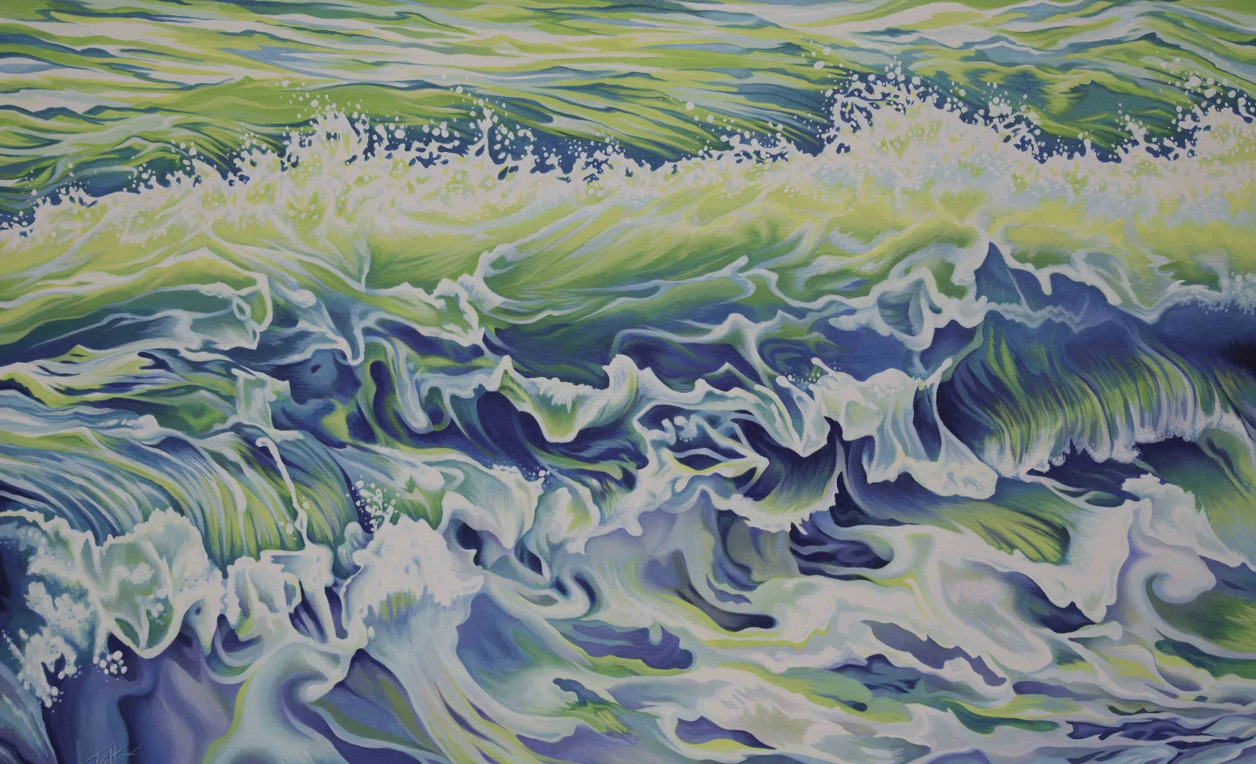 Abstract painting of ocean waves with shades of blue, green, yellow, and white.