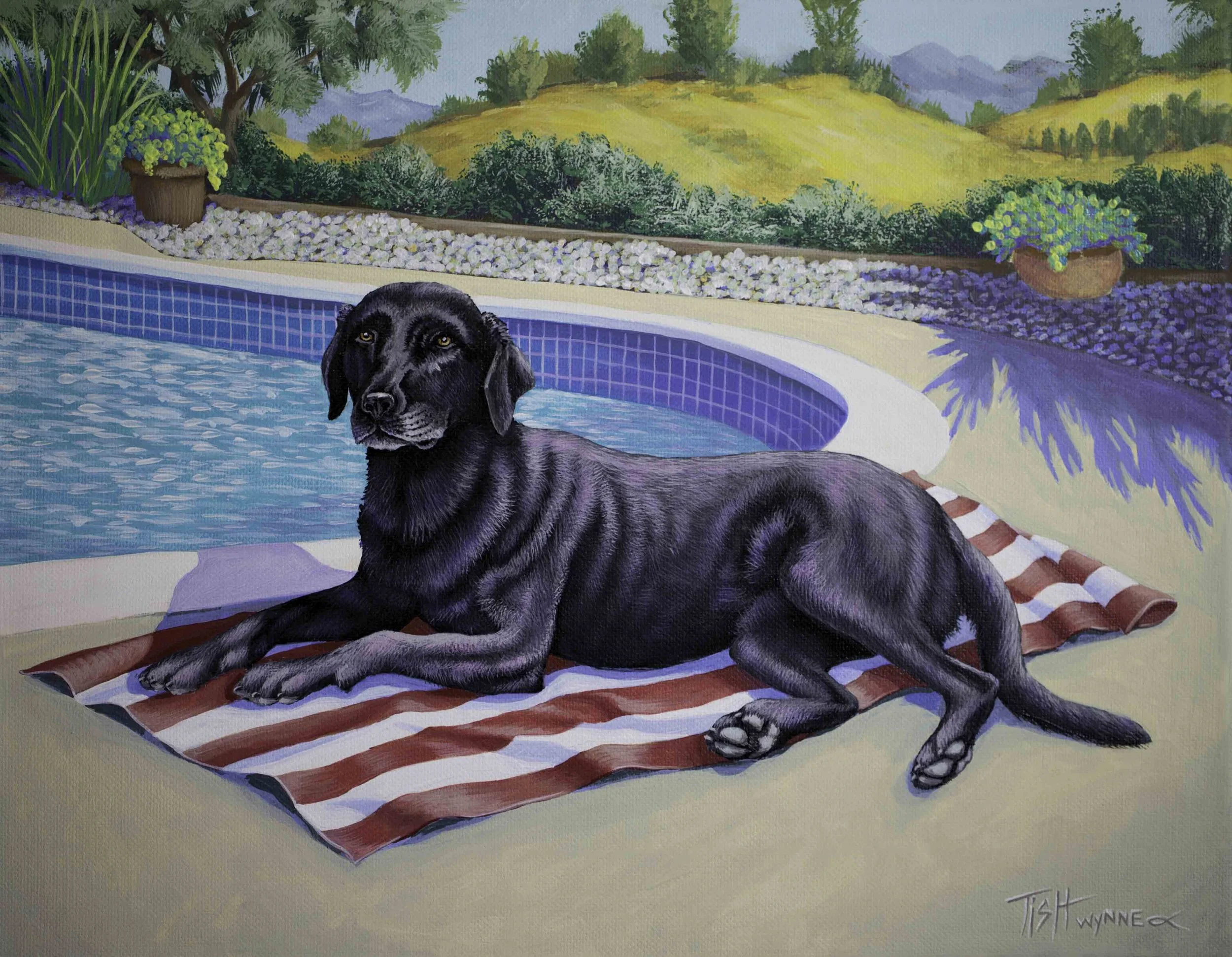 Painting of a black dog lying on a red and white striped blanket beside a swimming pool, with a lush garden and hills in the background.