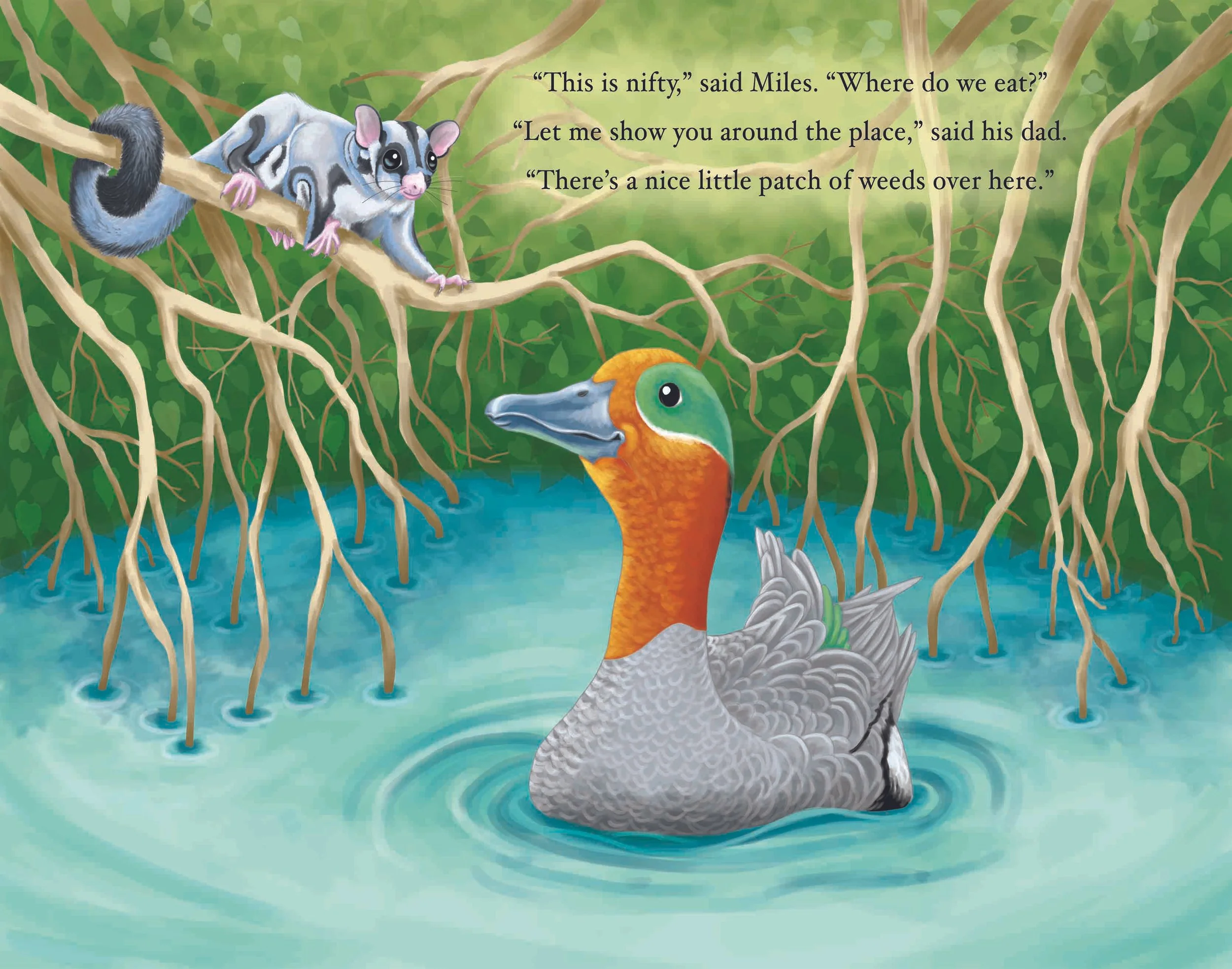 A colorful illustrated scene showing a duck in a pond with opossum in a tree above. The opossum  on a branch, and one is looking towards the duck. There are green foliage and branches in the background, with a quote from a book about the opossums tal