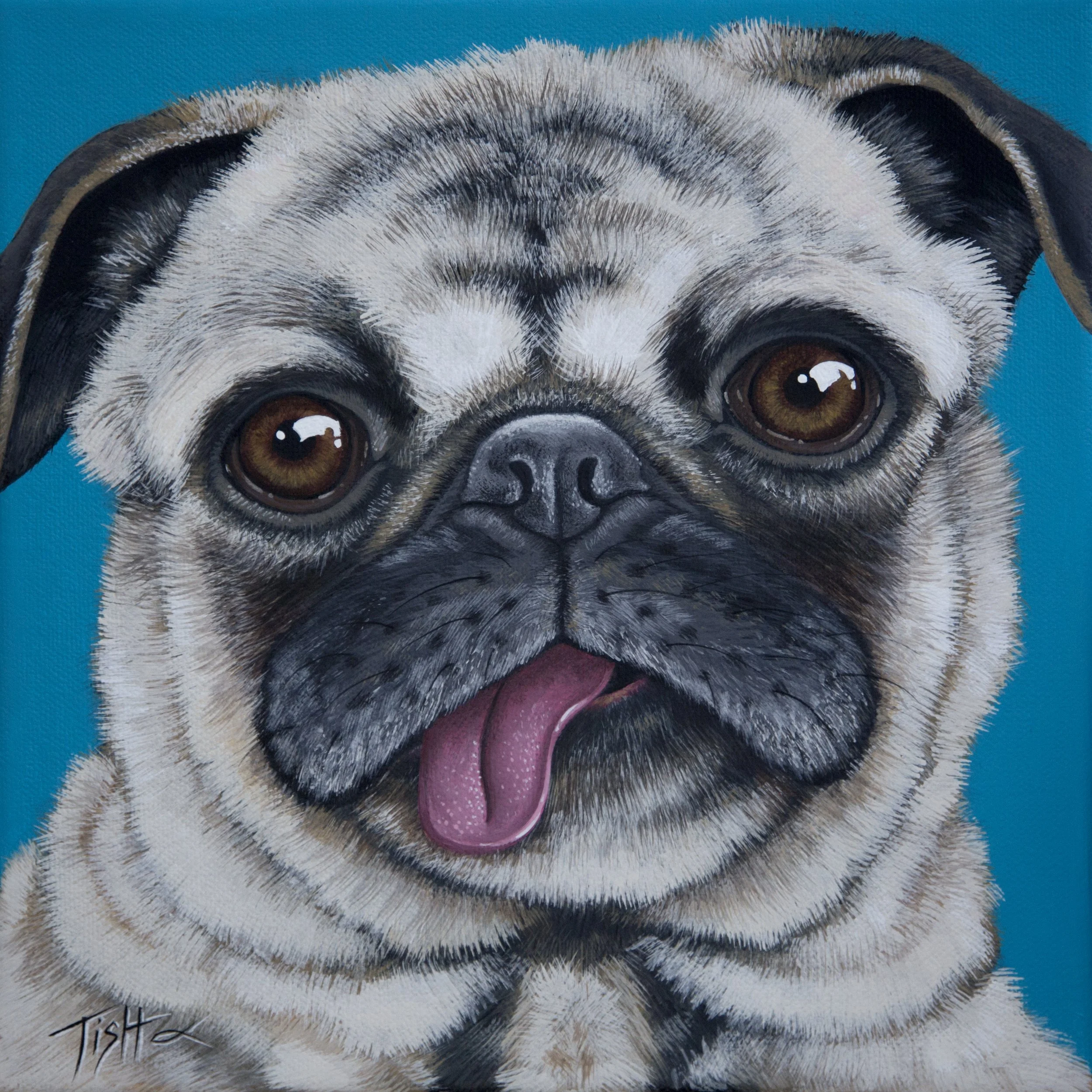 Painting of a pug dog with big brown eyes, wrinkled face, and pink tongue sticking out, against a blue background.
