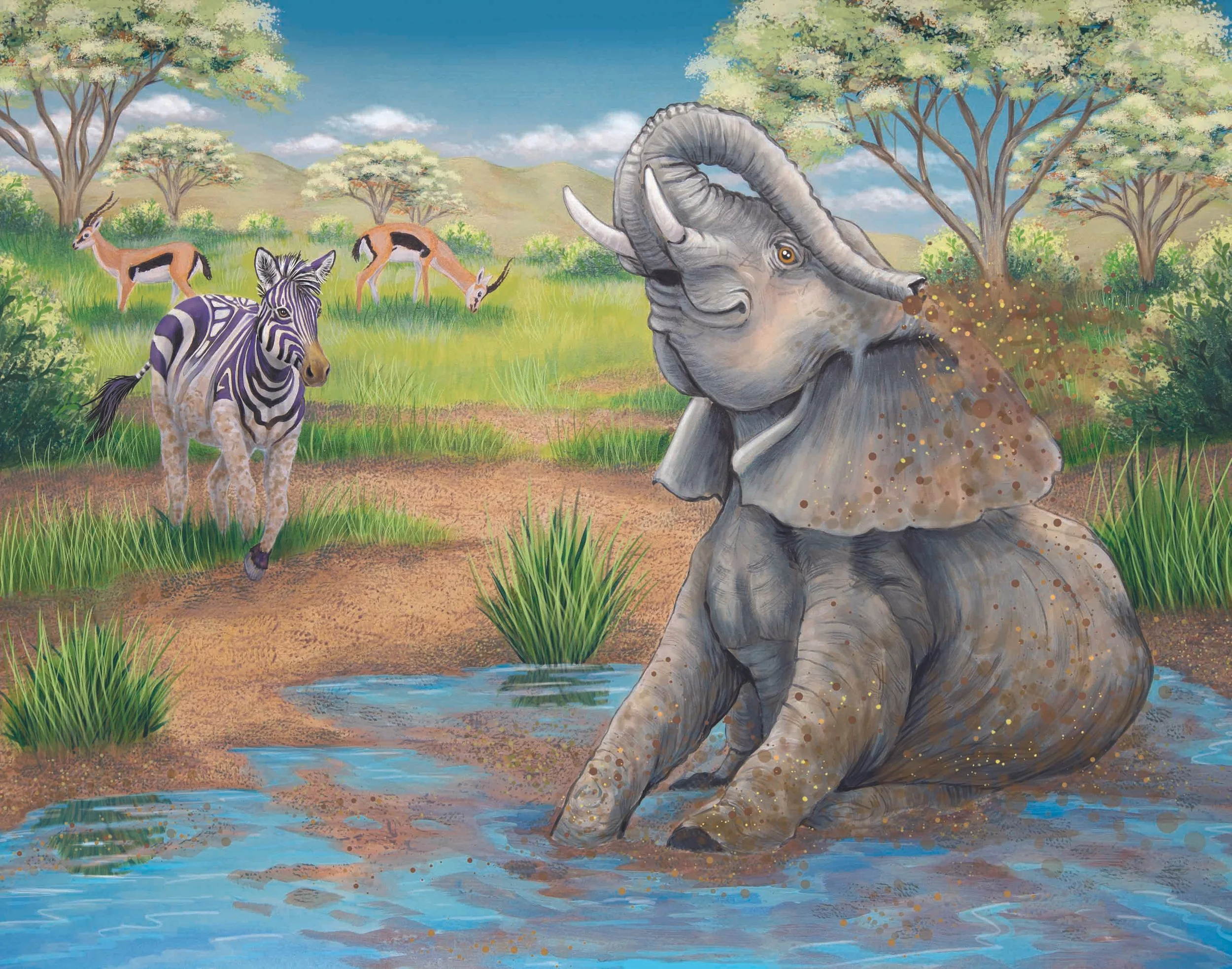 Animated scene of African wildlife featuring a sitting elephant splashing water, a zebra walking on a dirt path, and several antelopes grazing under trees in the savannah with mountains and a partly cloudy sky in the background.
