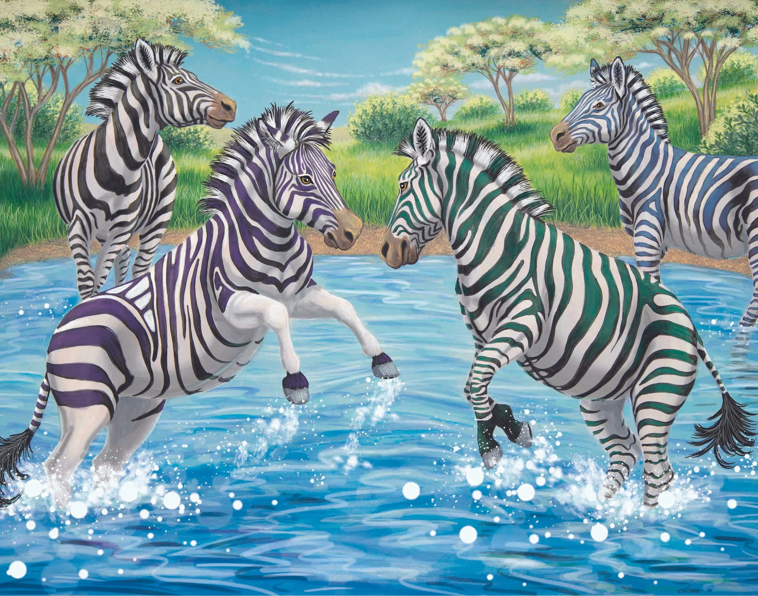 Six zebras in a waterhole in a lush green landscape with trees and blue sky.