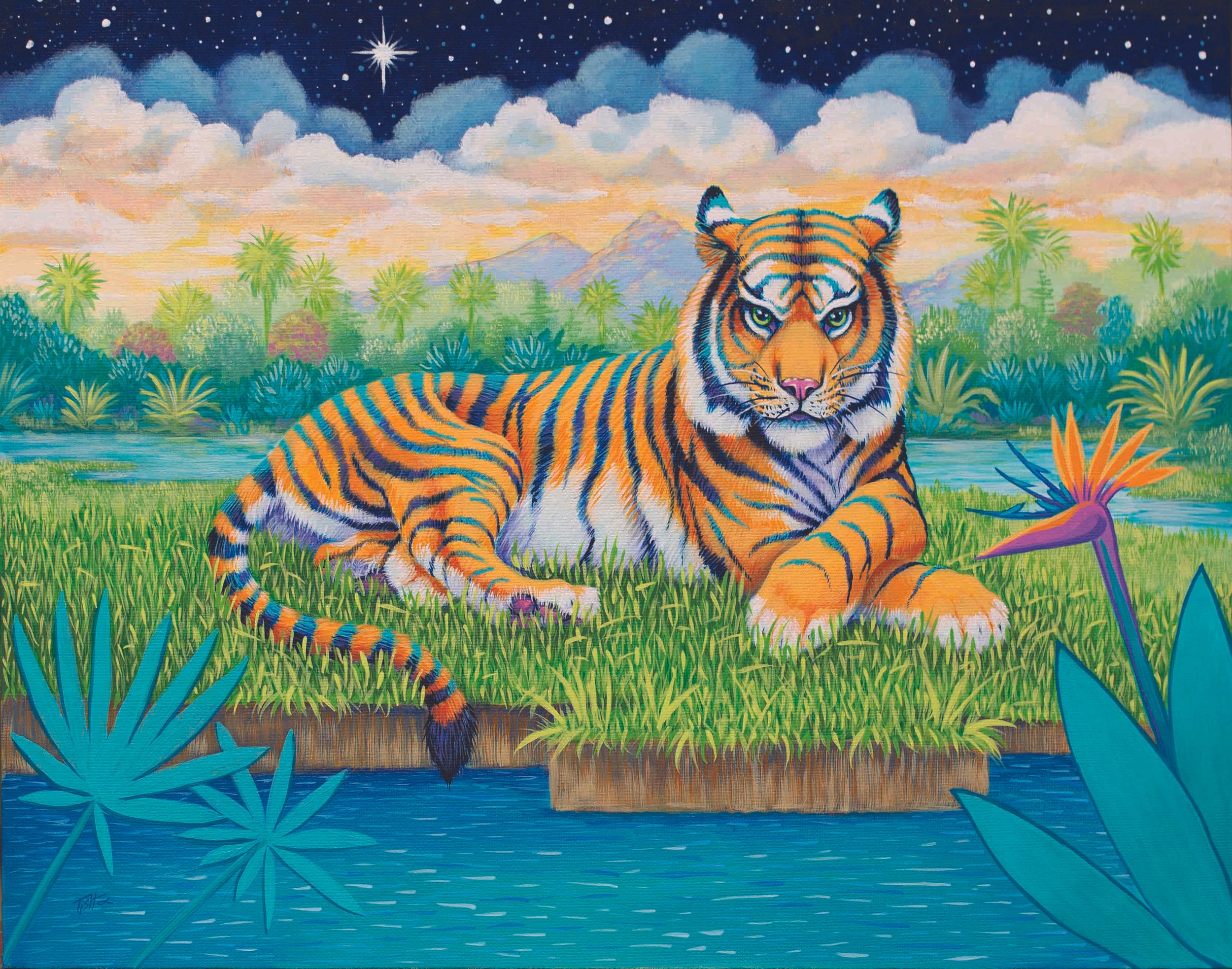 Colorful painting of a tiger lying on grass by a river with a background of palm trees, mountains, and a starry sky.