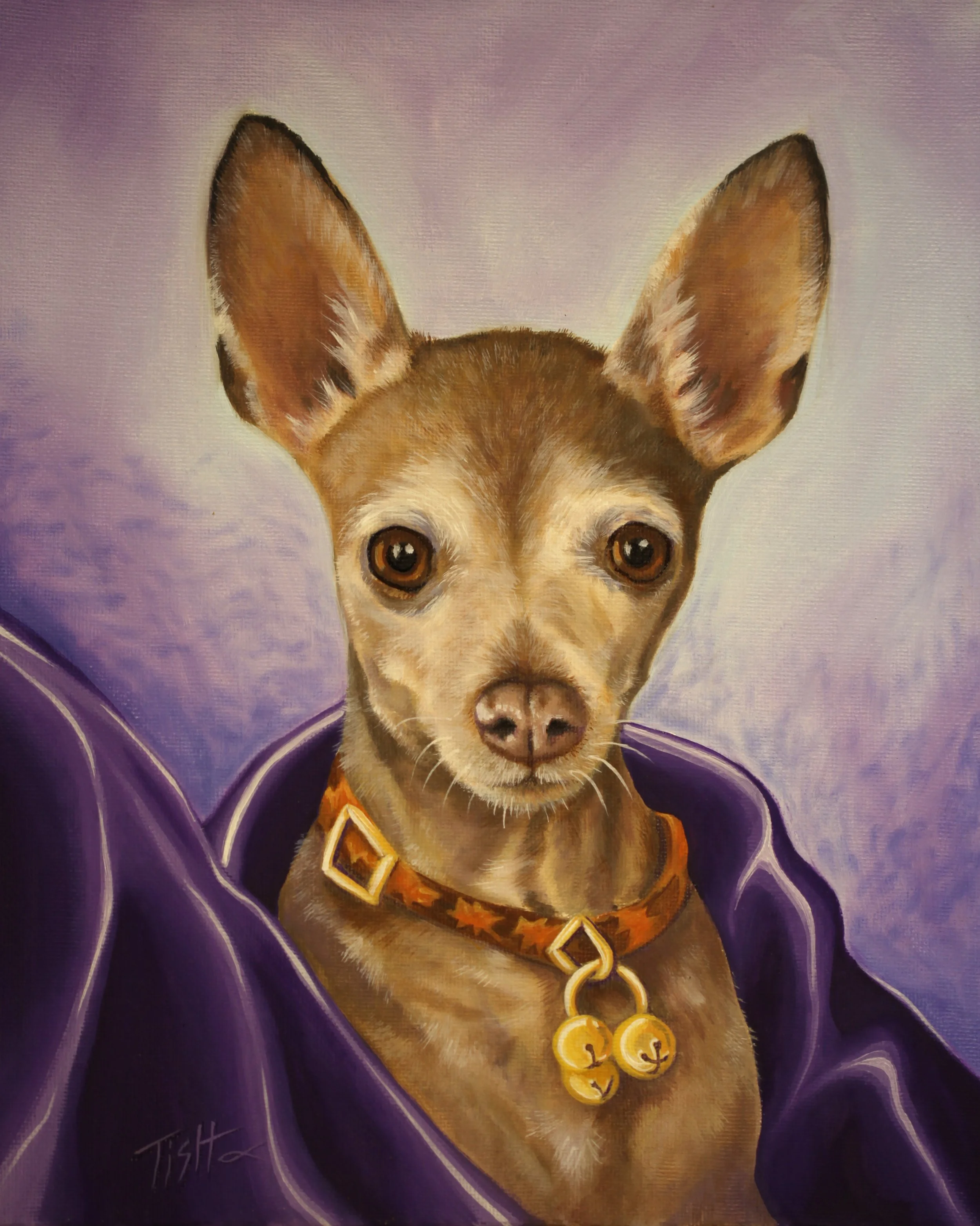 Painting of a small dog with large ears and brown eyes, wearing a decorative collar with gold charms, emerging from a purple draped fabric background.