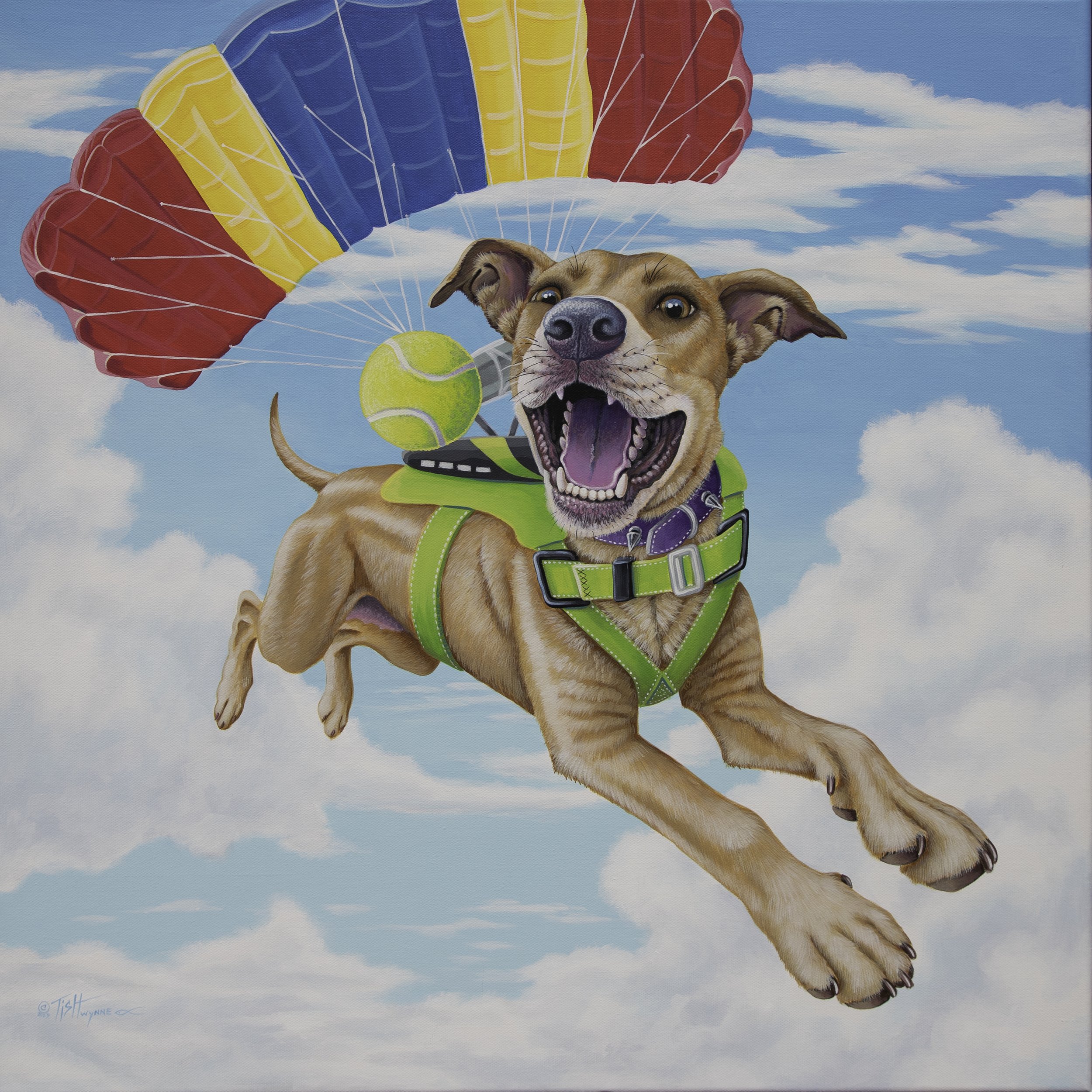 A happy dog with a tennis ball on its back, wearing a green harness and collar, flying through a sky with clouds, attached to a colorful parachute.