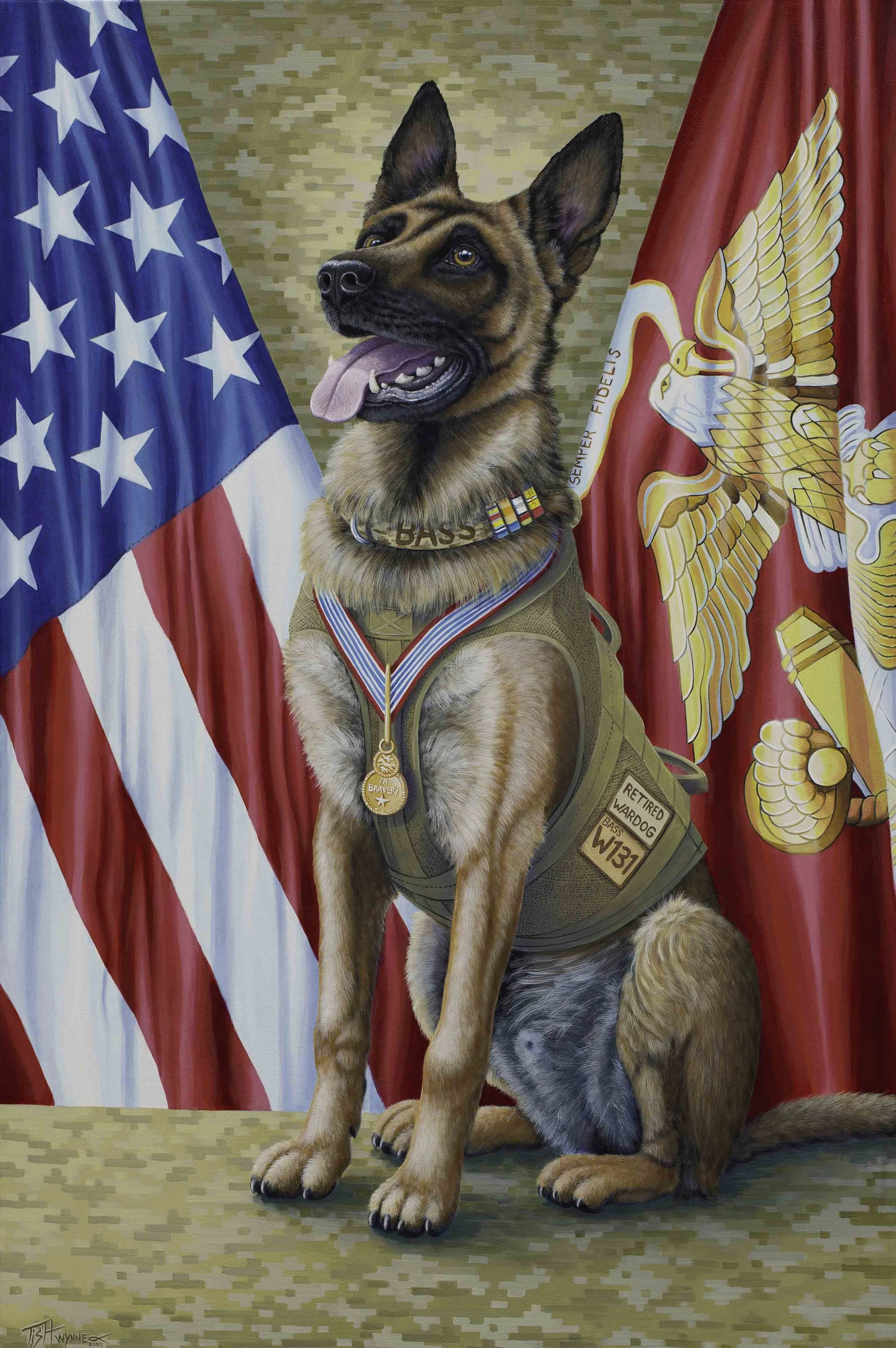 A Belgian Malinois dog dressed in military gear sitting in front of American and military flags.