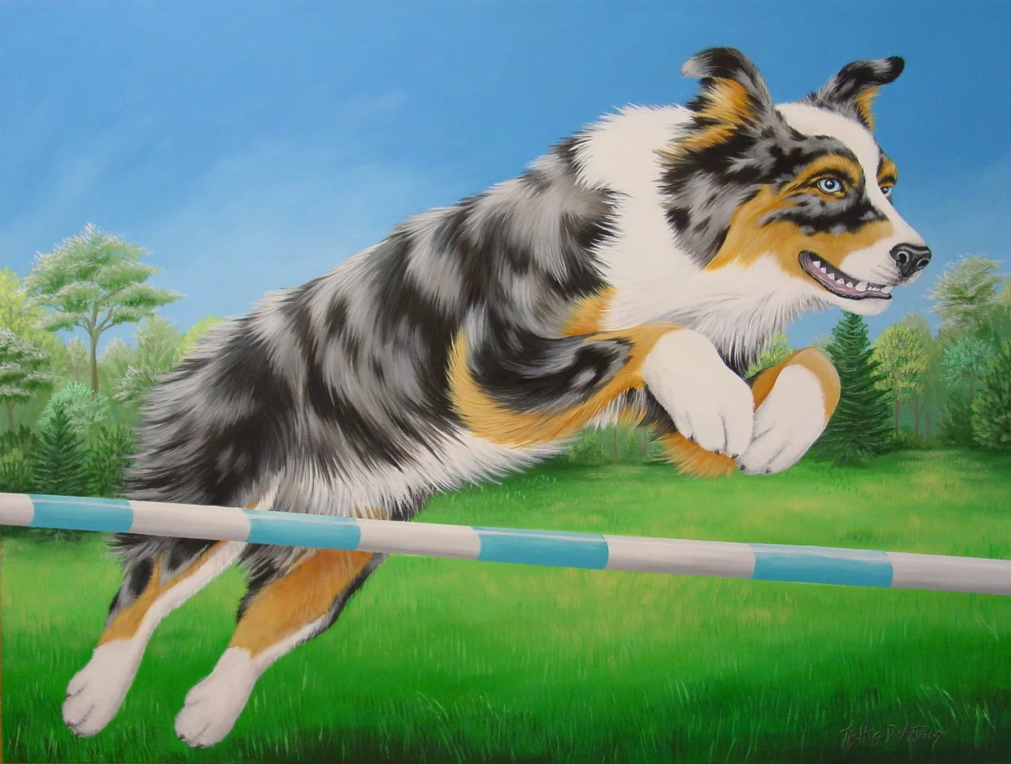 Illustration of a border collie dog jumping over a hurdle in a green grassy field with trees and blue sky in the background.